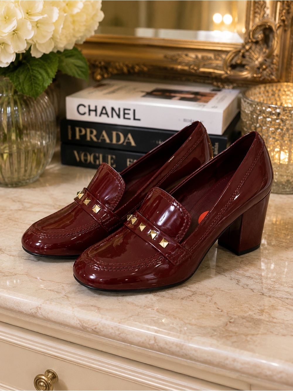 Marc Fisher Burgundy Patent Studded Loafer Heels Sz 7  Preppy Old Money